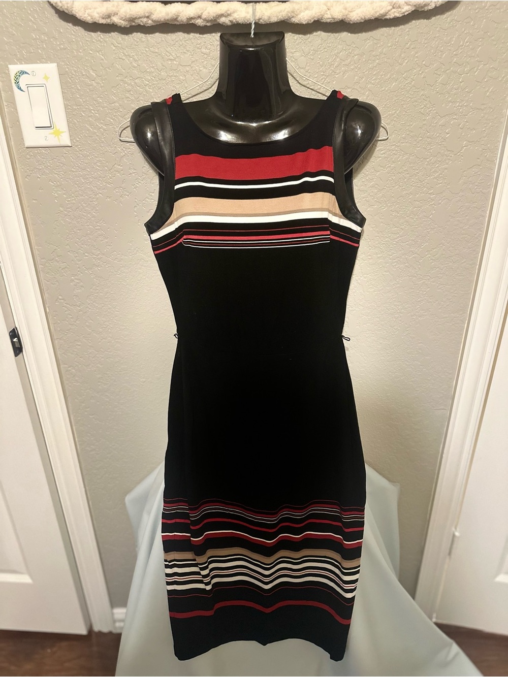 Black Striped Sleeveless Midi Dress - Red, Cream & White Accents